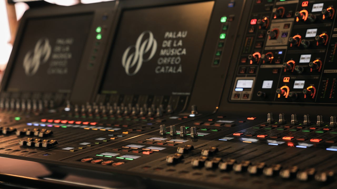 Close-up of a sound mixing console at Palau de la Música, Barcelona.