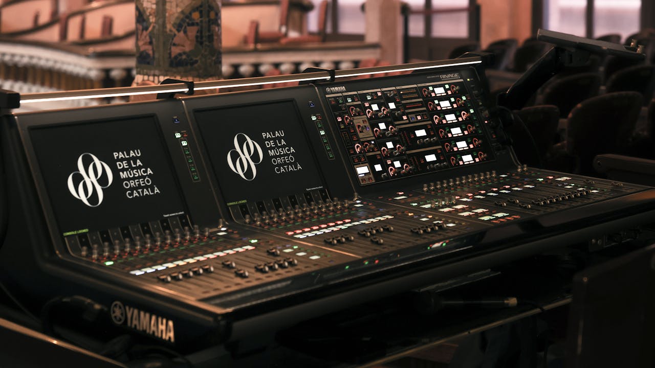 Close-up of a sound mixing desk at Palau de la Música Catalana, Barcelona.